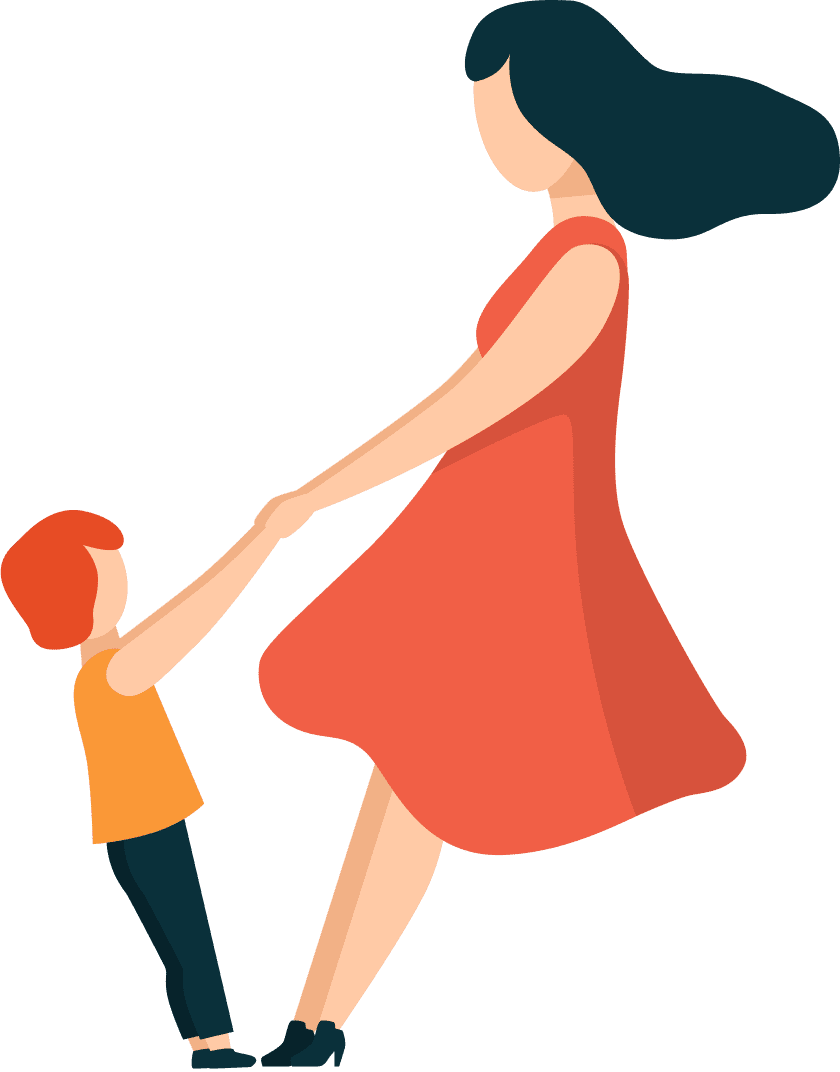 Woman and child holding hands, dancing together.