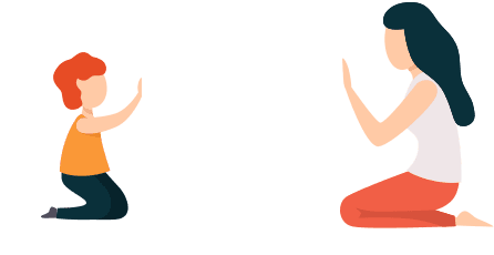 Adult and child facing each other, gesturing.