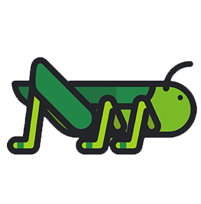 A simple green cartoon grasshopper with a smiling face.